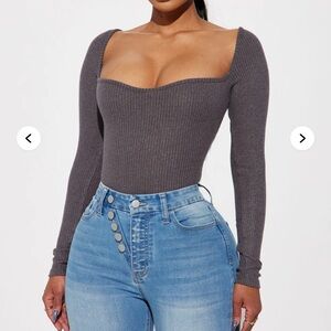 Fashion Nova Gray Fitted Ribbed Bodysuit